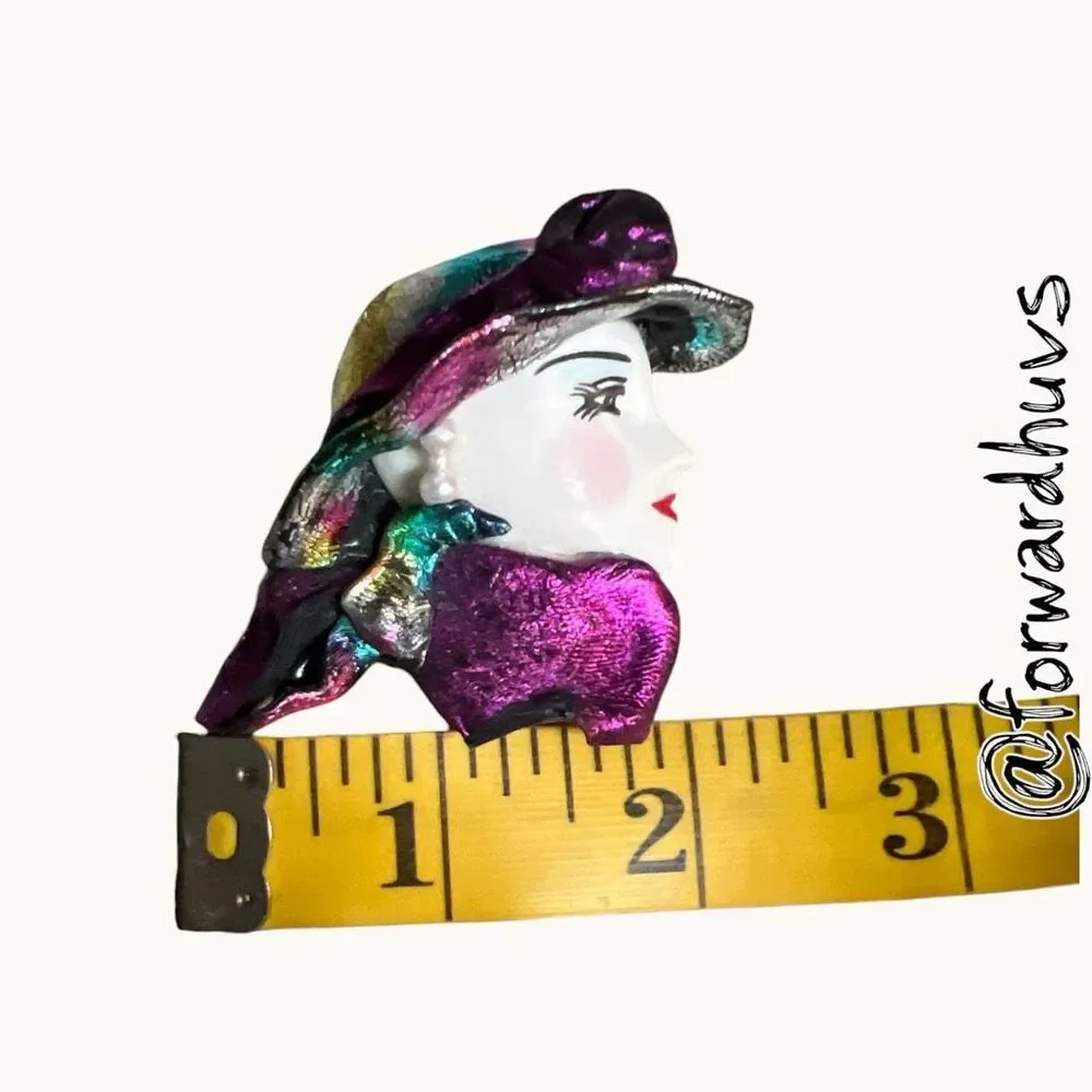 Vintage Style Lady Head Brooch Iridescent Resin Pin